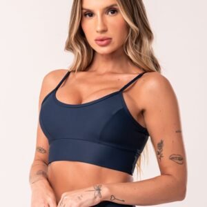 Top fitness azul marinho com recortes e bojo básico