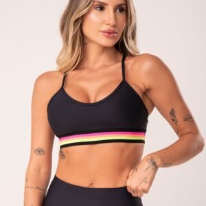 Top fitness energy poliamida preto com elástico colorido