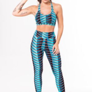 Conjunto fitness match poliamida estampado afro azul (top+calça)