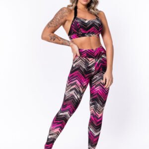 Conjunto fitness match poliamida estampada zig zag rosa (top+calça)