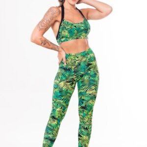 Conjunto fitness match poliamida estampada folhagem verde (top+calça)