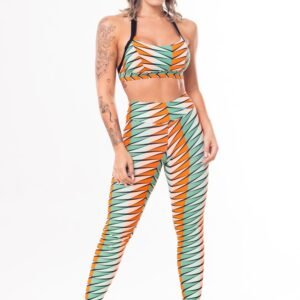 Conjunto fitness match poliamida estampada afro laranja (top+calça)