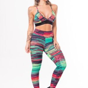 Conjunto fitness match poliamida estampada riscos coloridos (top+calça)