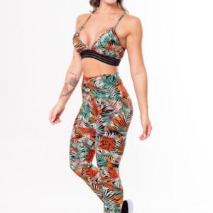 Conjunto fitness match poliamida estampada folhagem laranja (top+calça)