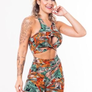 Conjunto fitness match poliamida estampada folhagem laranja (short+top)