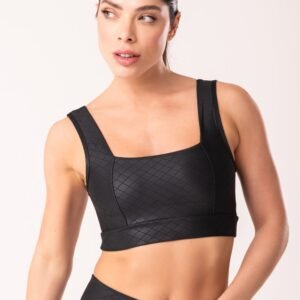 Top shine preto textura quadriculada decote reto
