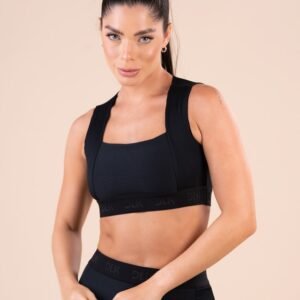 Top fitness feminino preto canelado com elástico e detalhe costas action