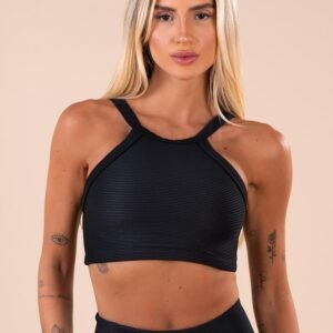 Top fitness feminino preto canelado decote alto action
