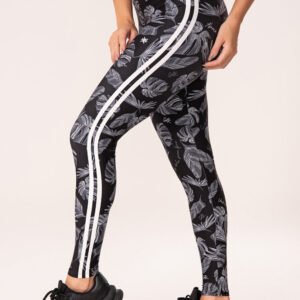 Legging fitness feminina estampada folhagens bordadas preto e branco printed