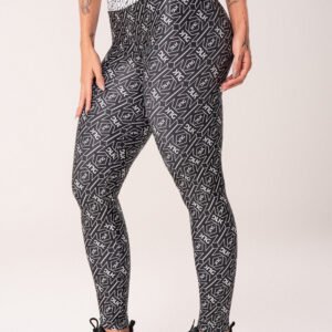 Legging fitness feminina branco e preto logomania flow