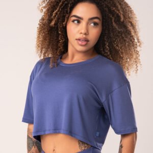 Cropped feminino azul manga curta flow