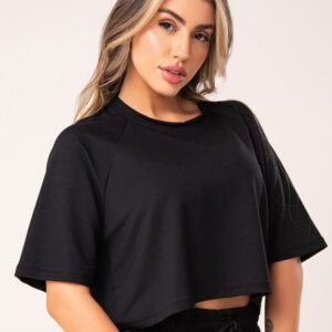 Cropped feminino preto moletinho manga curta raglan flow