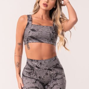 Conjunto fitness feminino cinza top e short estampa burned gray euphoria